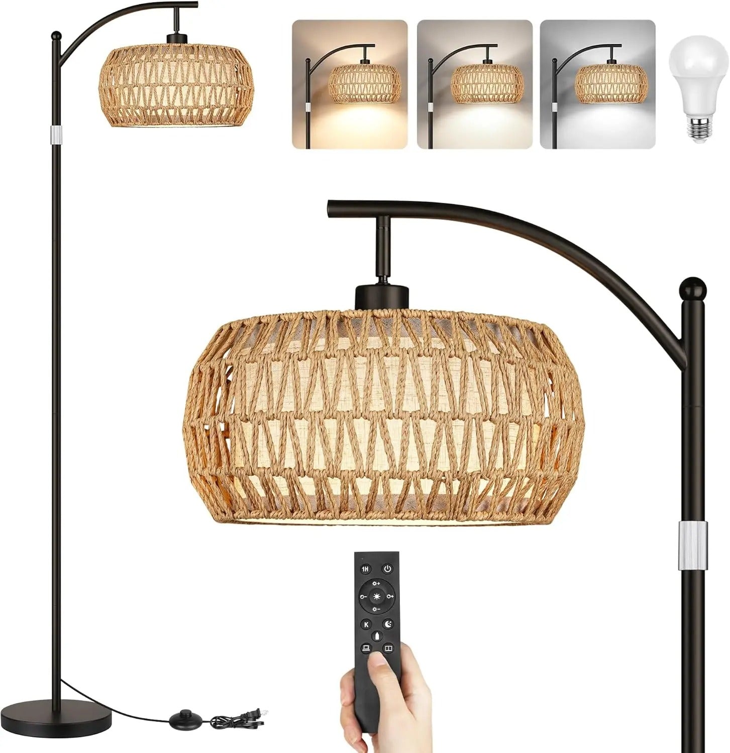 Boho Floor Lamp with Dimmable Bulb,Rattan &Linen Double Shades, Boho Standing Tall Lamps with Foot Switch, Bohemian Floor Lamps