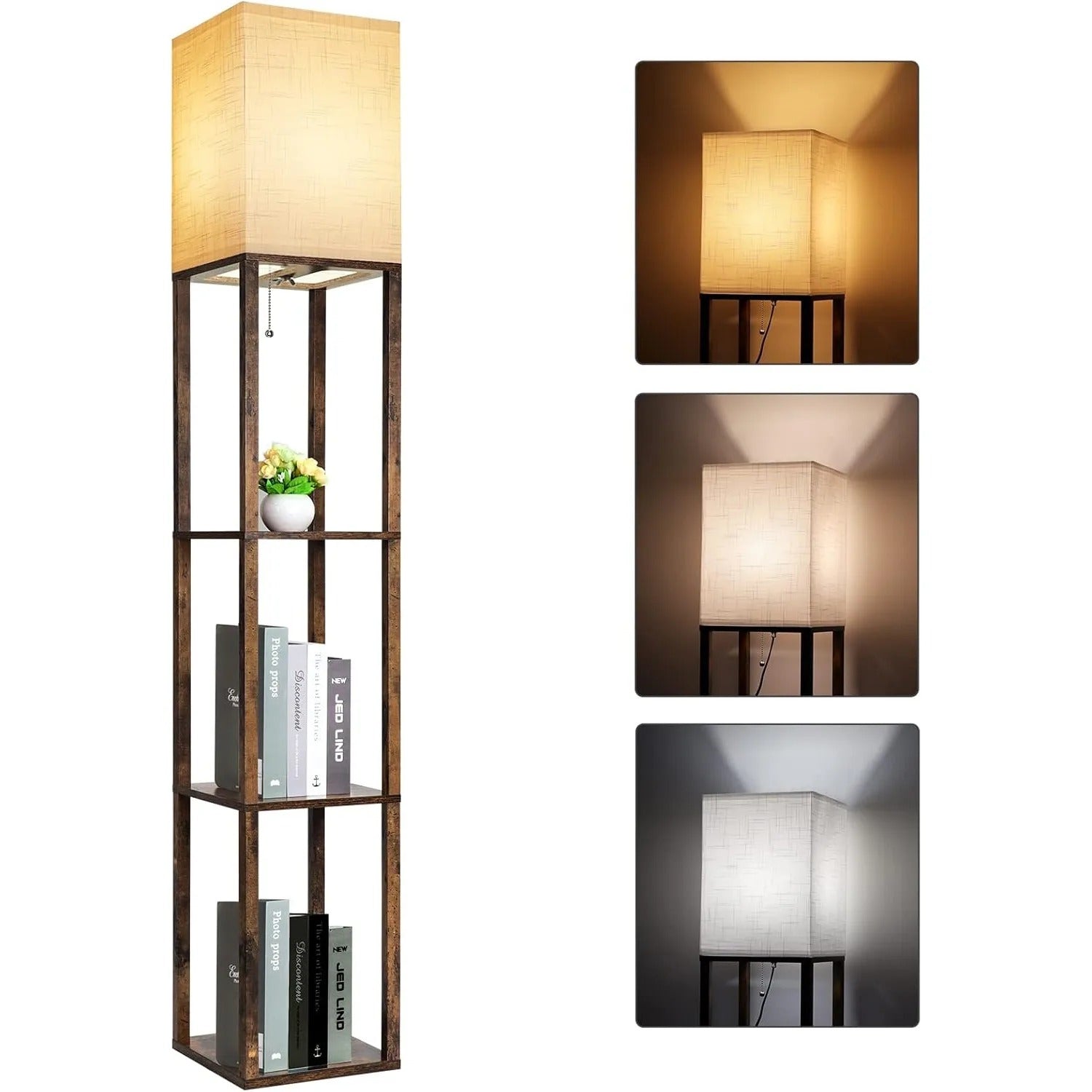 Floor Lamp with Shelves,Modern Shelf Lamp for Display Storage,3 Color Temperature Wood Narrow Standing Corner Lamp with 8W Bulb