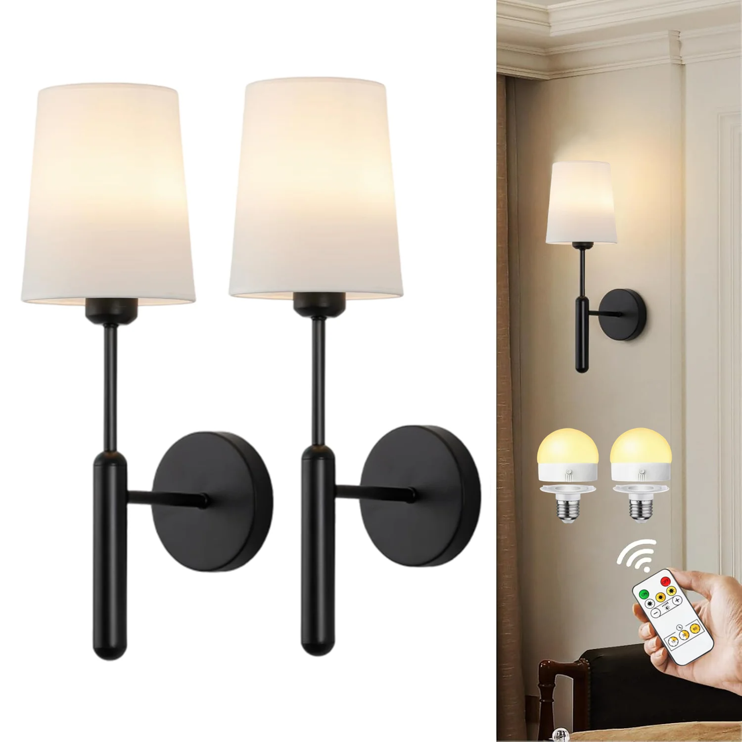 Wiring-Free Rechargeable Battery-Powered Wall Lamp 2-Piece Set with Remote Control, Wireless Dimmable 5000Mah Battery Powered Led Wall Lamp, Picture Lamp, Mirror Headlight, Bedroom Living Room Cordless Wall Lamp Lamp