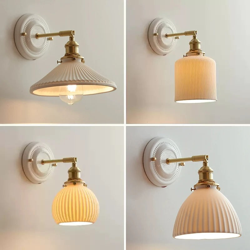 Vintage Ceramic Wall Sconce Lamp with Brass Arm Handcrafted Porcelain Hardwired Wall Lighting Fixtures Hallway Bedside Vanity
