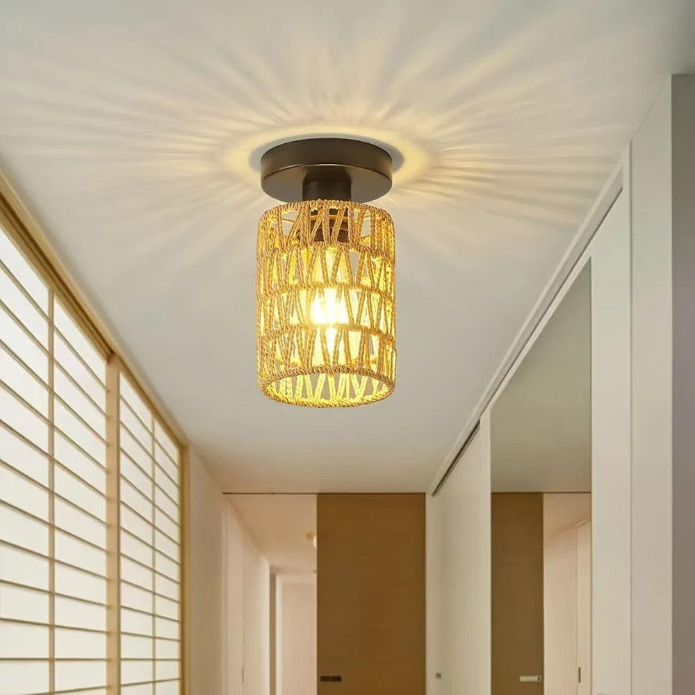 Charming Hand-Woven Iron Cylinder Ceiling Light - Rustic Style, Warm Ambient Glow, Perfect for Hallways, Living Rooms Hotels