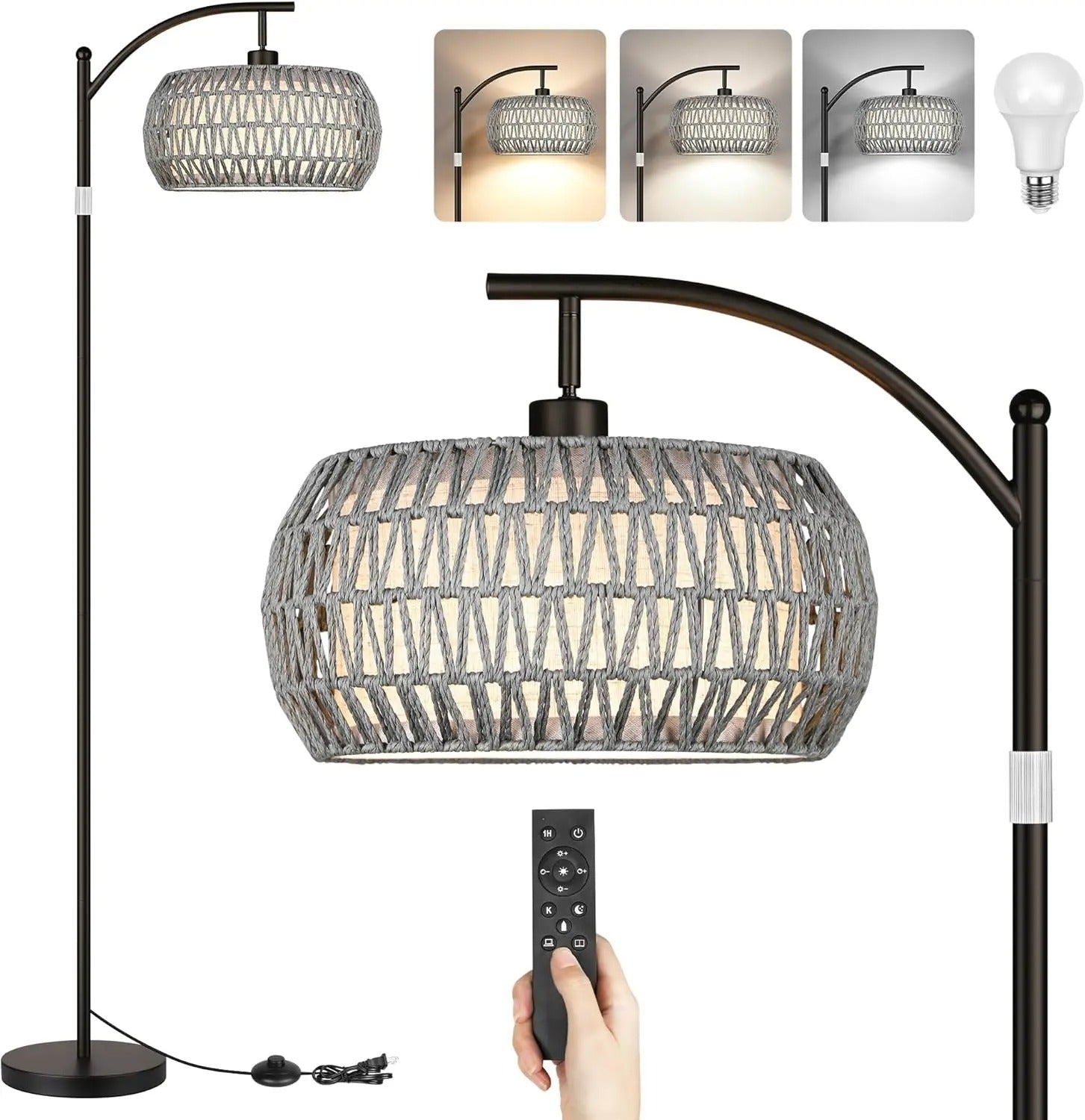 Boho Floor Lamp with Dimmable Bulb,Rattan &Linen Double Shades, Boho Standing Tall Lamps with Foot Switch, Bohemian Floor Lamps
