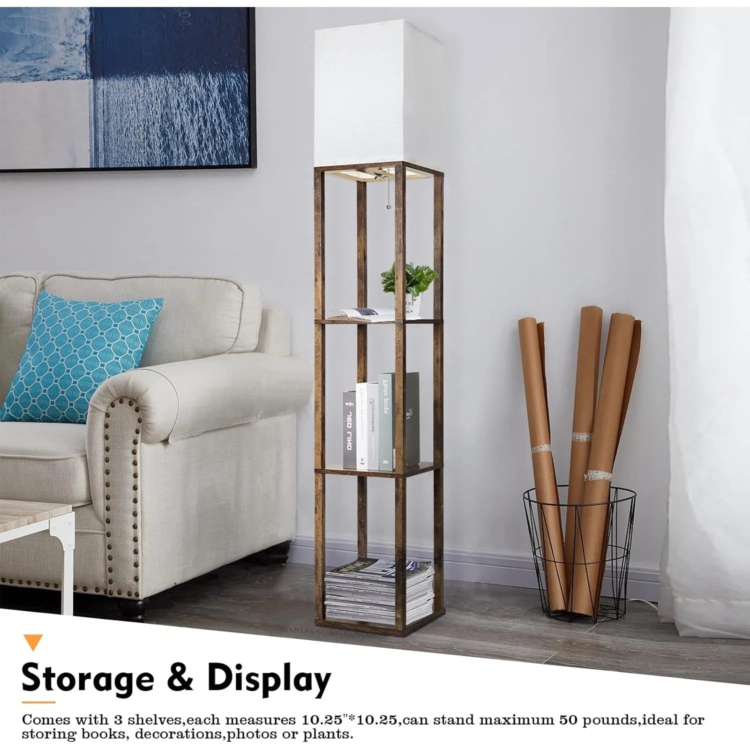 Floor Lamp with Shelves,Modern Shelf Lamp for Display Storage,3 Color Temperature Wood Narrow Standing Corner Lamp with 8W Bulb