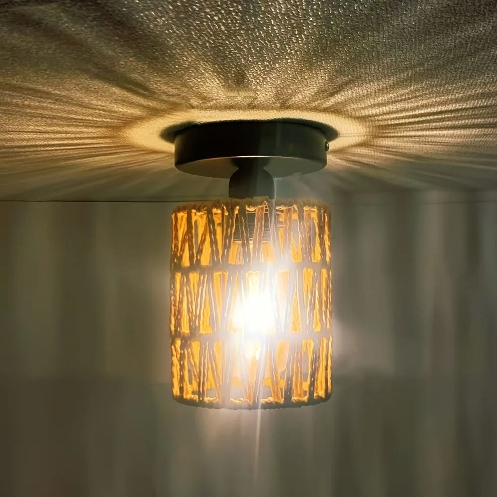 Charming Hand-Woven Iron Cylinder Ceiling Light - Rustic Style, Warm Ambient Glow, Perfect for Hallways, Living Rooms Hotels