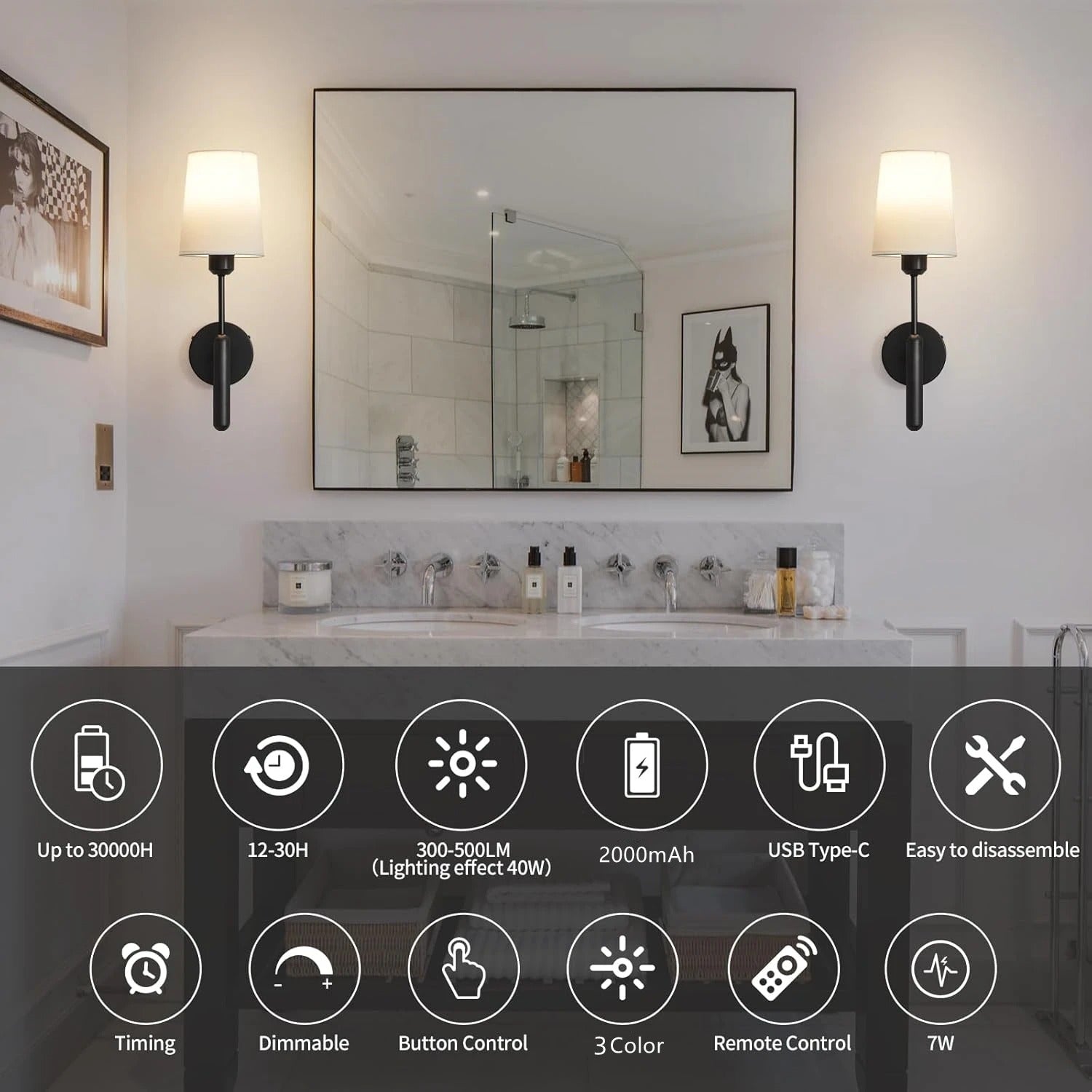 Wiring-Free Rechargeable Battery-Powered Wall Lamp 2-Piece Set with Remote Control, Wireless Dimmable 5000Mah Battery Powered Led Wall Lamp, Picture Lamp, Mirror Headlight, Bedroom Living Room Cordless Wall Lamp Lamp