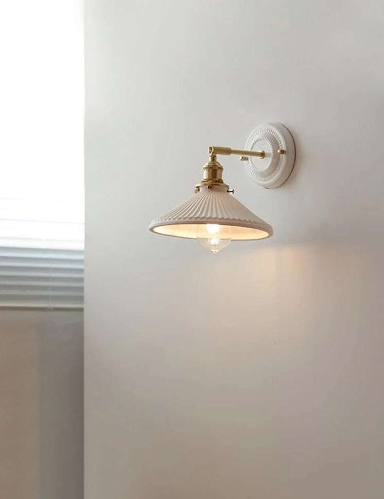 Vintage Ceramic Wall Sconce Lamp with Brass Arm Handcrafted Porcelain Hardwired Wall Lighting Fixtures Hallway Bedside Vanity