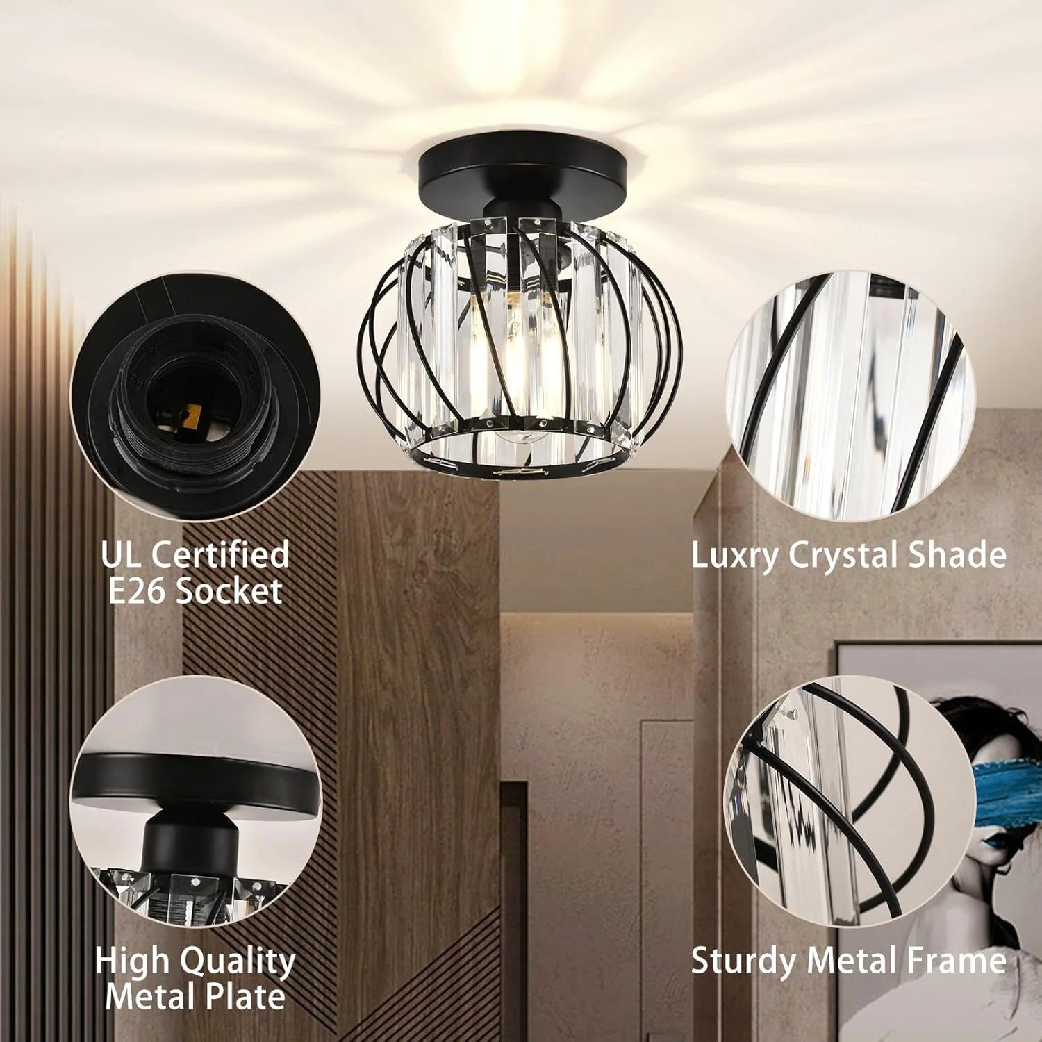 Semi-flush Mount Ceiling Light, Antique Small Crystal Chandelier E26 No Bulb For Bathroom, Hallway, Cafe, Bar, Porch, Corridor