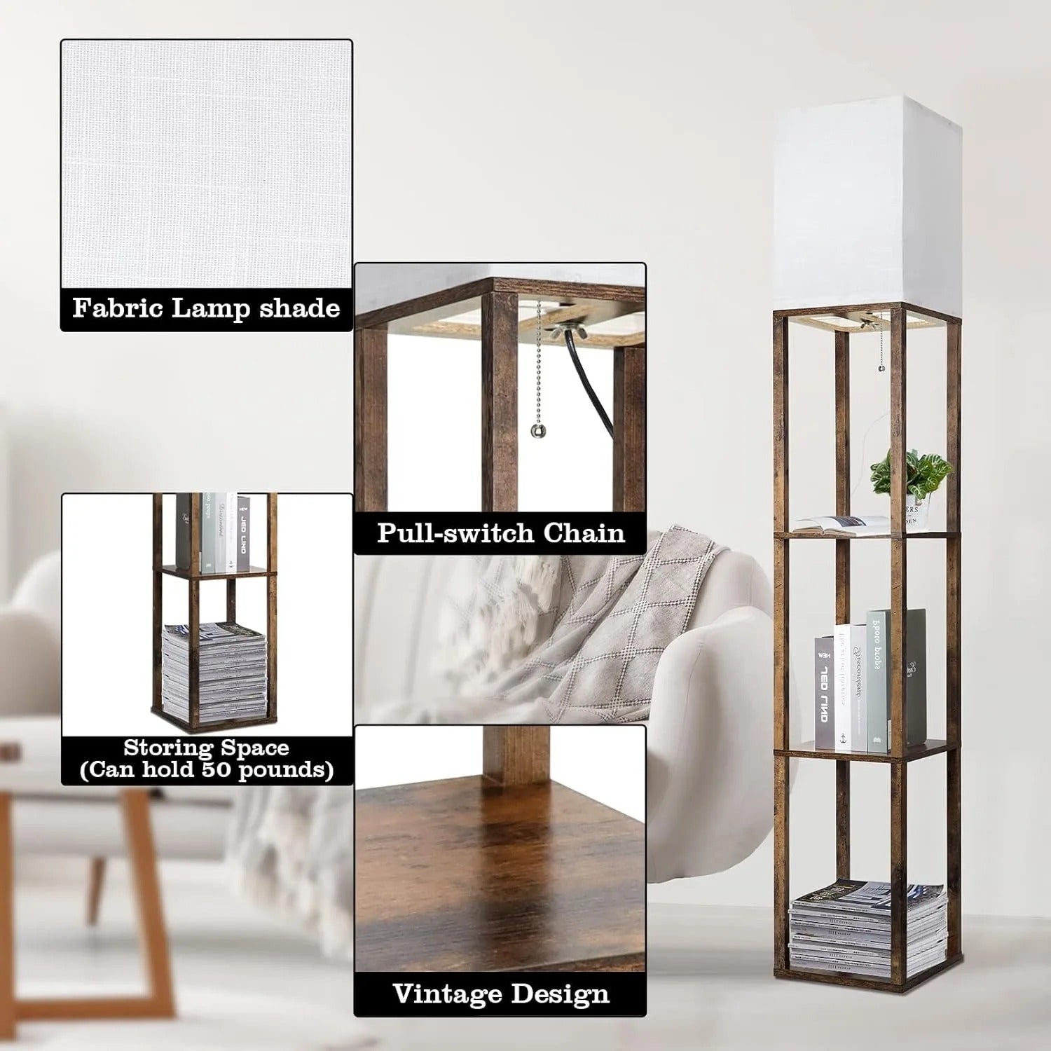 Floor Lamp with Shelves,Modern Shelf Lamp for Display Storage,3 Color Temperature Wood Narrow Standing Corner Lamp with 8W Bulb