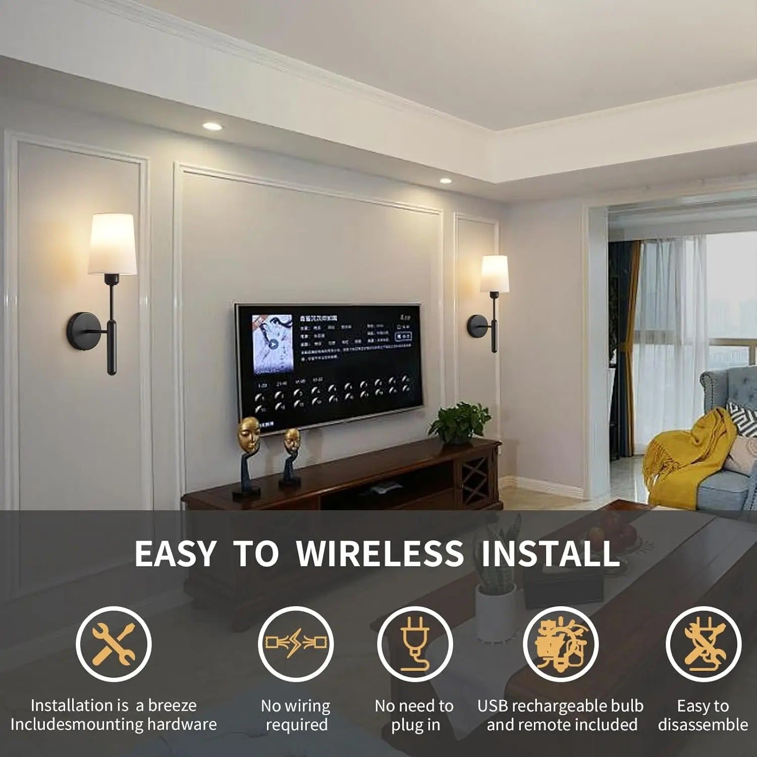 Wiring-Free Rechargeable Battery-Powered Wall Lamp 2-Piece Set with Remote Control, Wireless Dimmable 5000Mah Battery Powered Led Wall Lamp, Picture Lamp, Mirror Headlight, Bedroom Living Room Cordless Wall Lamp Lamp