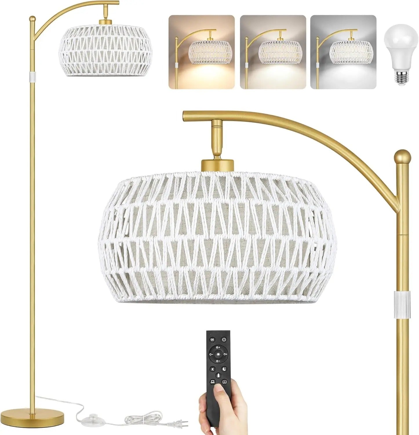 Boho Floor Lamp with Dimmable Bulb,Rattan &Linen Double Shades, Boho Standing Tall Lamps with Foot Switch, Bohemian Floor Lamps
