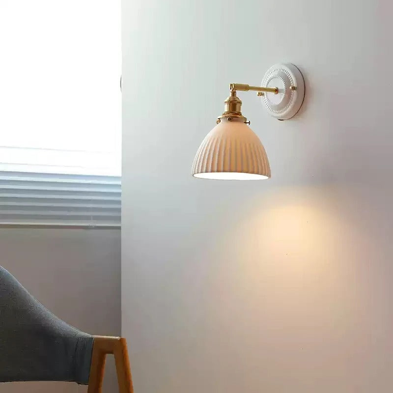 Vintage Ceramic Wall Sconce Lamp with Brass Arm Handcrafted Porcelain Hardwired Wall Lighting Fixtures Hallway Bedside Vanity