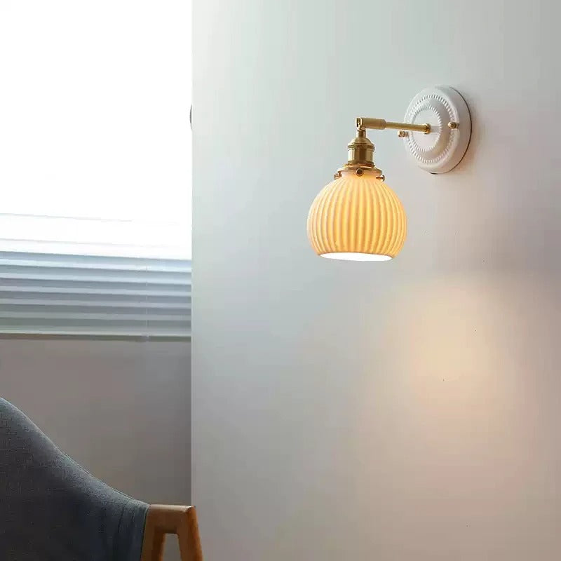 Vintage Ceramic Wall Sconce Lamp with Brass Arm Handcrafted Porcelain Hardwired Wall Lighting Fixtures Hallway Bedside Vanity