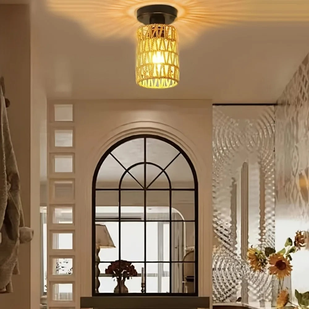 Charming Hand-Woven Iron Cylinder Ceiling Light - Rustic Style, Warm Ambient Glow, Perfect for Hallways, Living Rooms Hotels