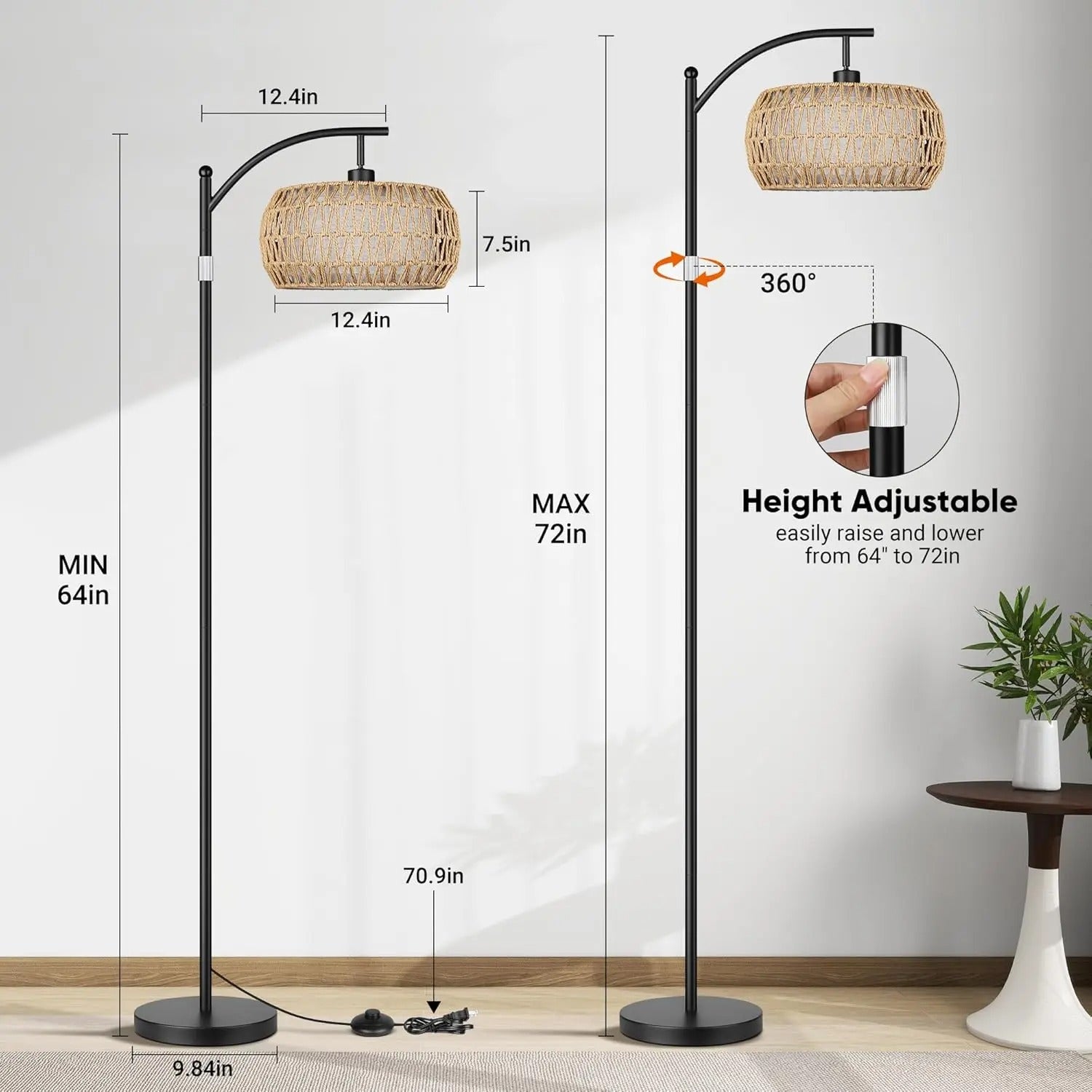 Boho Floor Lamp with Dimmable Bulb,Rattan &Linen Double Shades, Boho Standing Tall Lamps with Foot Switch, Bohemian Floor Lamps