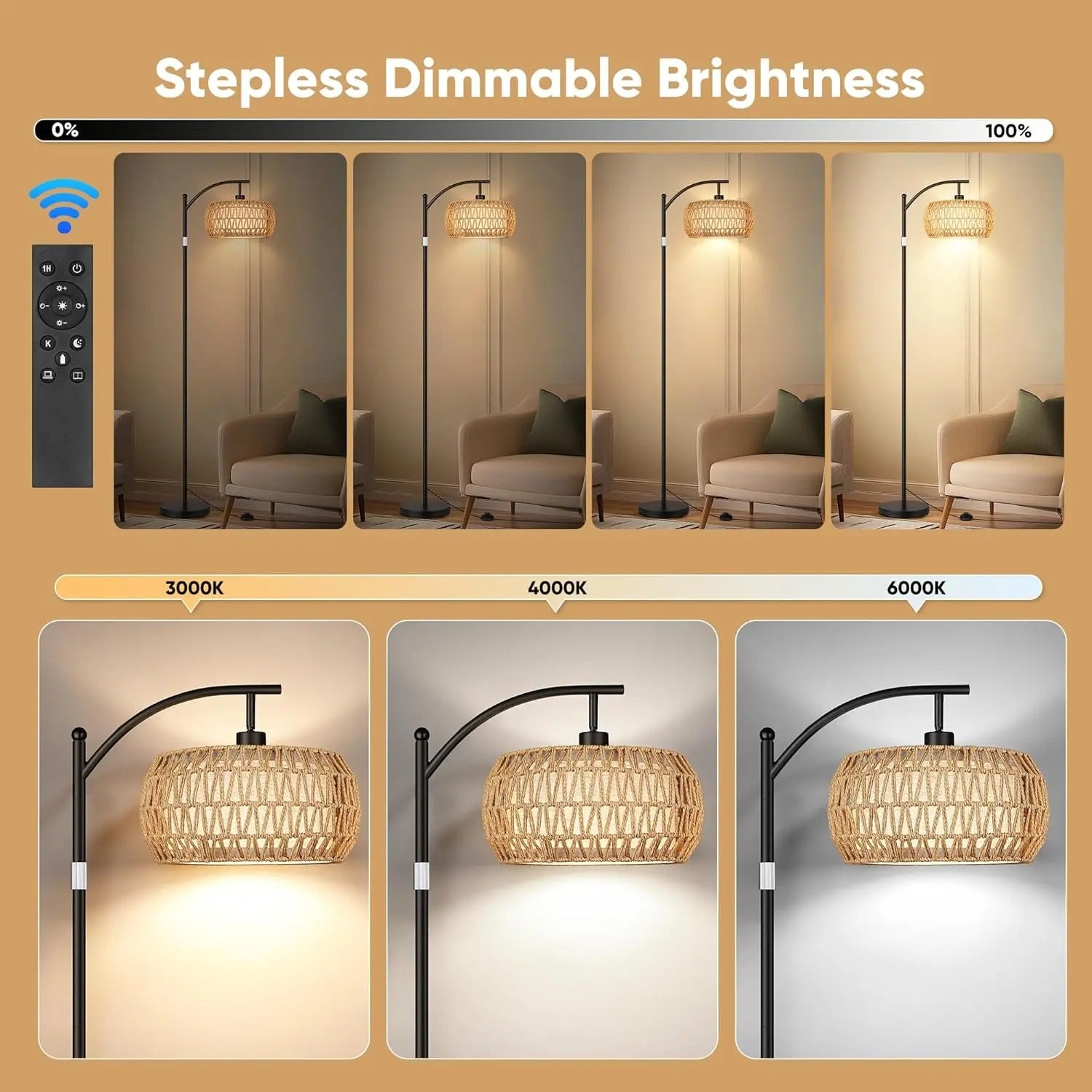 Boho Floor Lamp with Dimmable Bulb,Rattan &Linen Double Shades, Boho Standing Tall Lamps with Foot Switch, Bohemian Floor Lamps